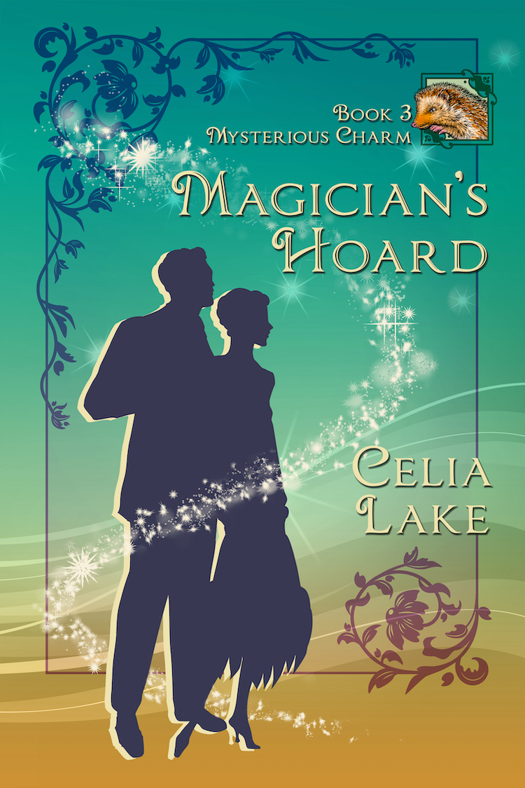 Cover of Magician's Hoard. A man and woman in 1920s dress silhouetted on a teal background shading to sandy brown. A hedgehog is inset in the top right. 