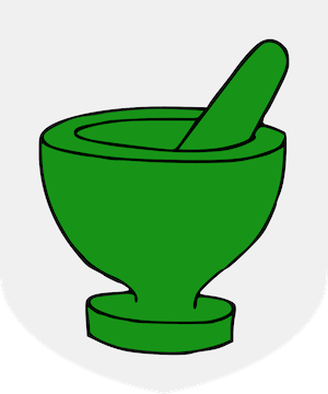 Heraldic shield with a green mortar and pestle on a white ground.