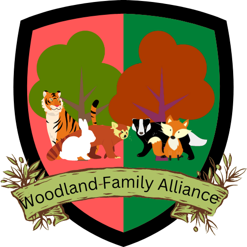 A coat of arms, divided into salmon and green halves, with two trees, and a tiger, a rabbit, a red panda, a badger and fox