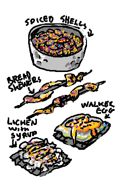 Various Mercurian snack foods. Including spiced shells, bread skewers, walker eggs and lichen with syrup.