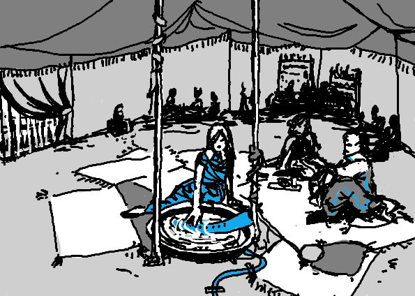 A drawing of Oasis. In the center of the tent is a hydraulophone. It is being played by a woman in a blue dress as two aliens listen. You can see people seated at tables and at a bar in the back. In one corner, there's a small shrine.