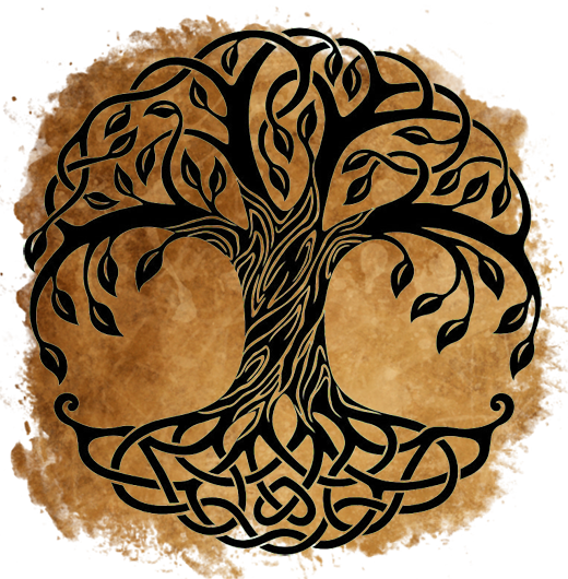 Drawing of a tree with roots forming Celtic knot art on a parchment background, symbolising The Parents, god of nature