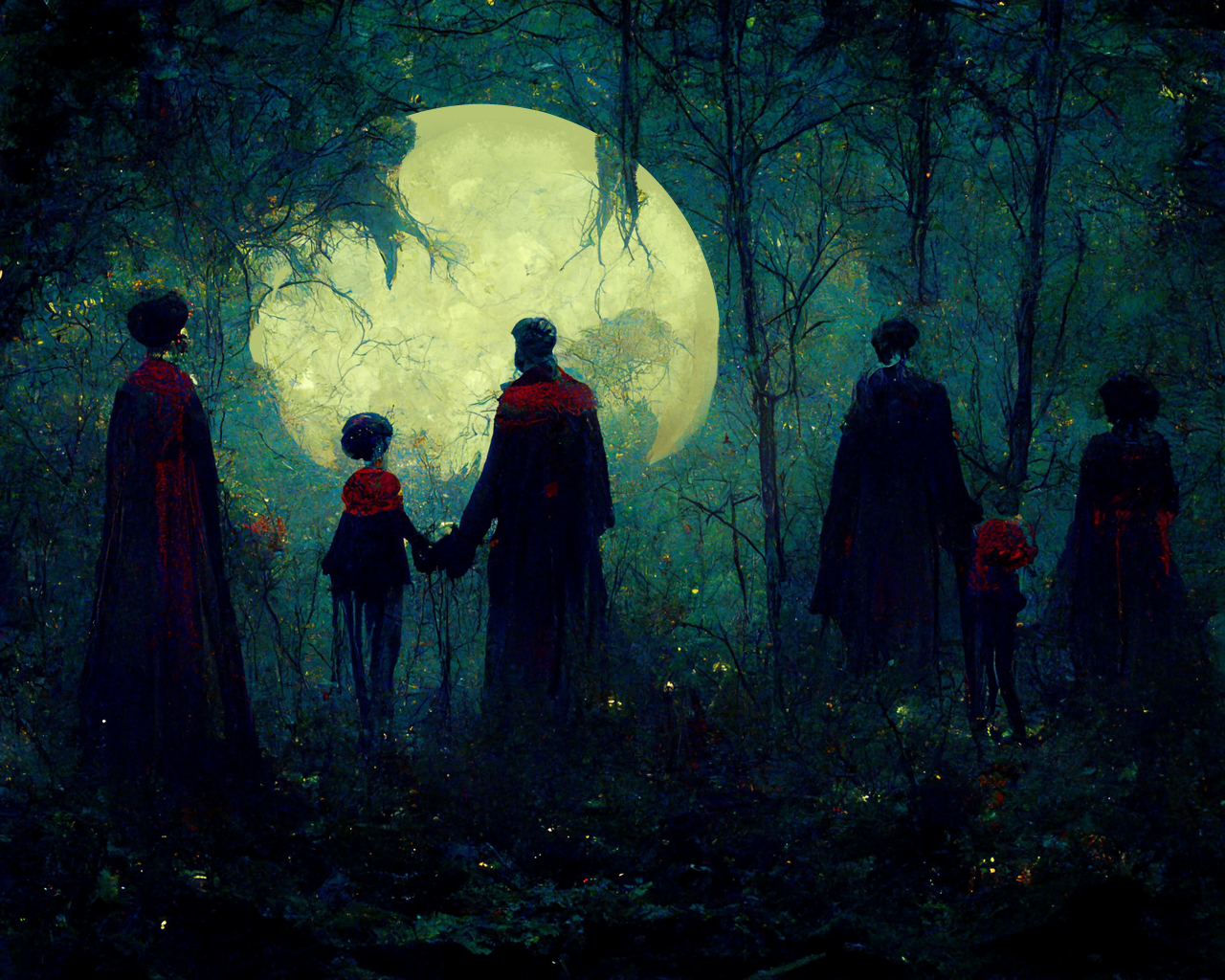 Vampire family in moonlit forest