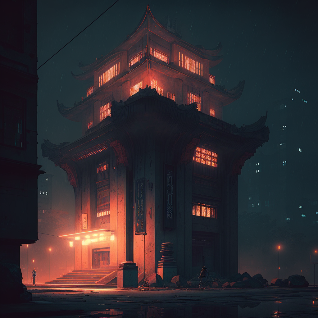 A tall building with stairs leading to the elevated front entry; the bottom floor is built rather simply, with the upper floors looking more inspired by traditional Chinese architecture. It is nighttime and the lights from the building emit a soft