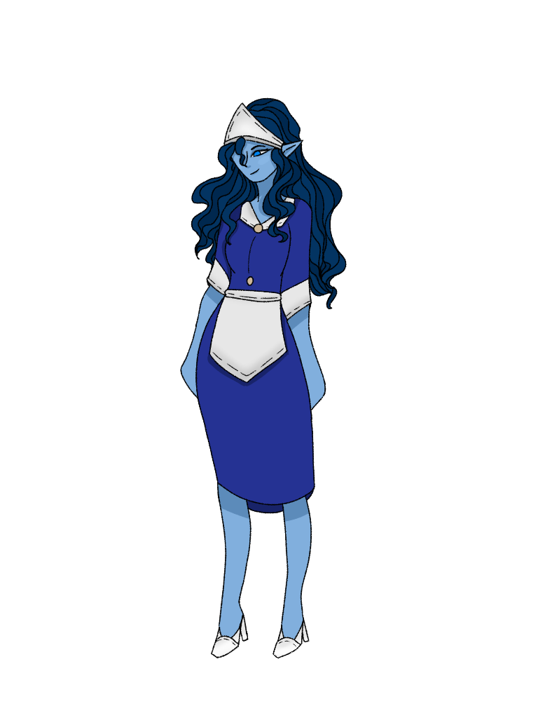Blue woman with long dark blue hair wearing a 50's style waitress costume