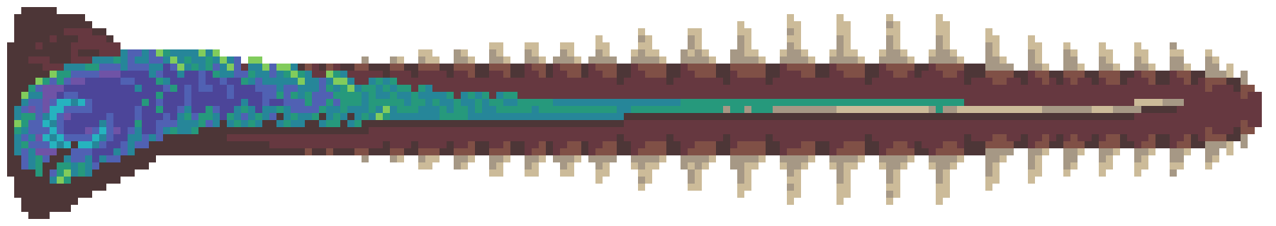 pixel art of a huge sawfish rostrum and an intricate, colourful feather