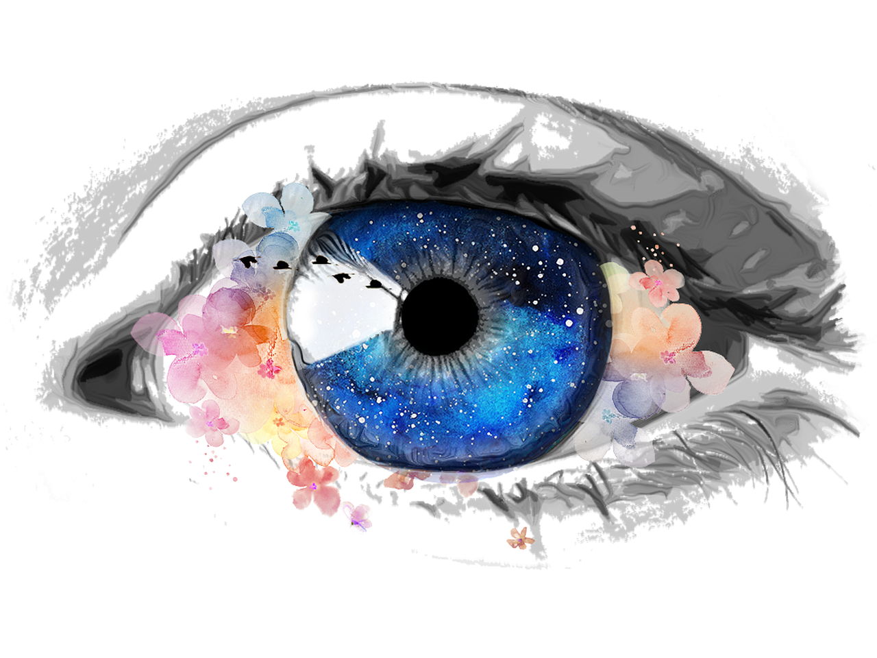 An eye filled with flowers and stars