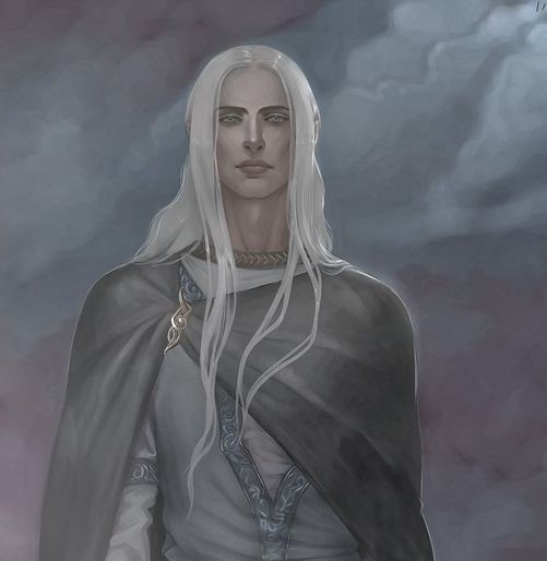 A thin elven man with long white hair and wearing drapey, fine clothing, with an aloof expression on his face.