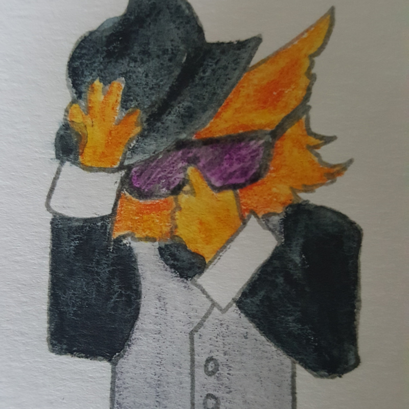 An orange cat in waistcoat, tipping a fidora and slipping on a pair of sunglasses