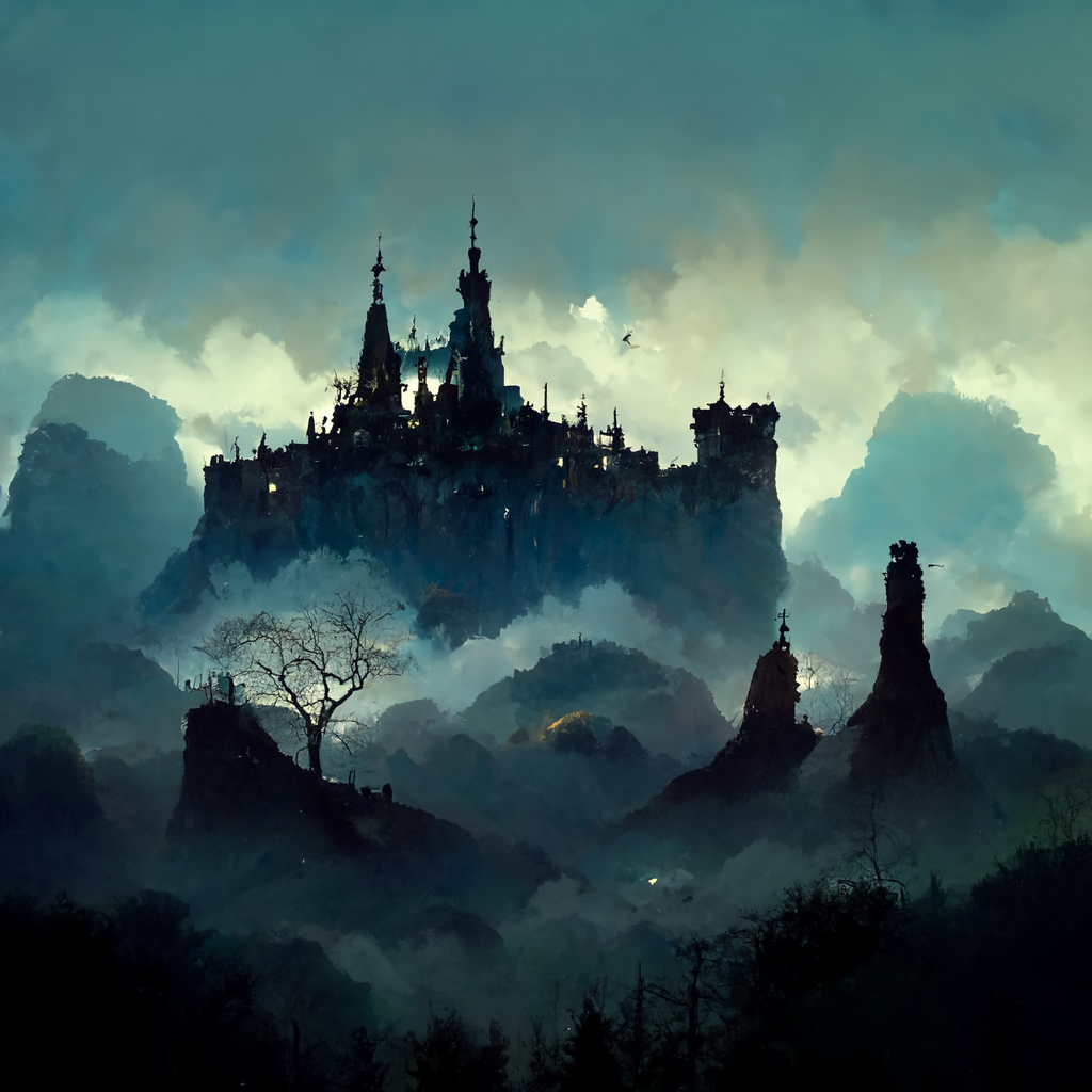 A dark castle rises in the background with dead trees and mist.