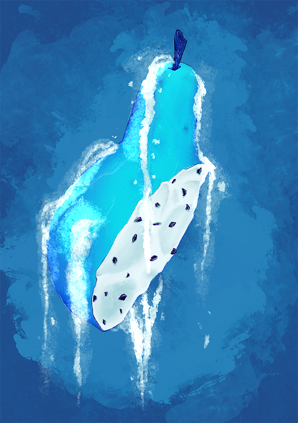 An illustration of a pear shaped fruit with a large slice taken from it. The skin of the fruit is blue, dropping with white frost. The interior is solid white, speckled with black seeds. A dark blue stem sticks out of the top.
