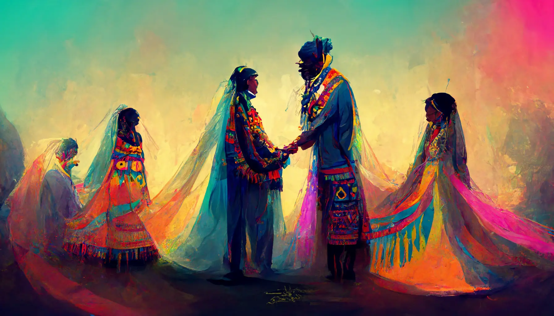 An impressionist painting of a wedding with highly decorated and vibrantly coloured clothing. The bride and groom face each other in bright clothing.