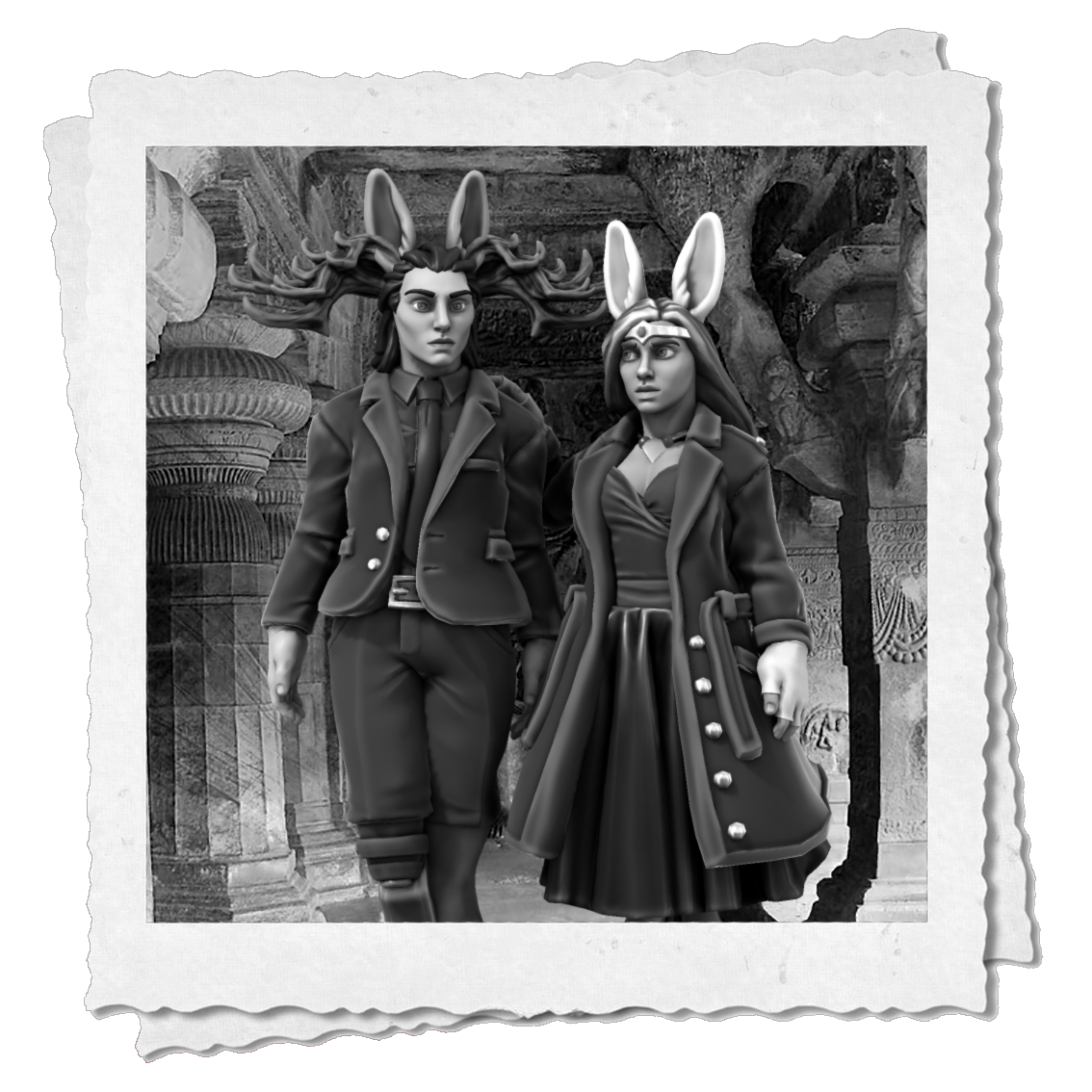 A younger man and an older woman, both with bunny ears, in an underground hallway