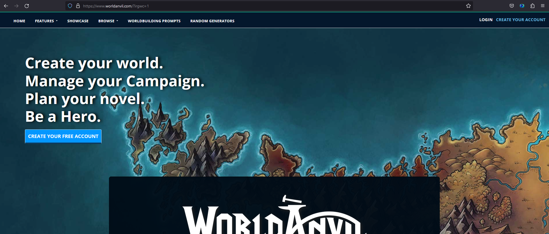 screenshot of World Anvil homepage showing the button to sign up for an account