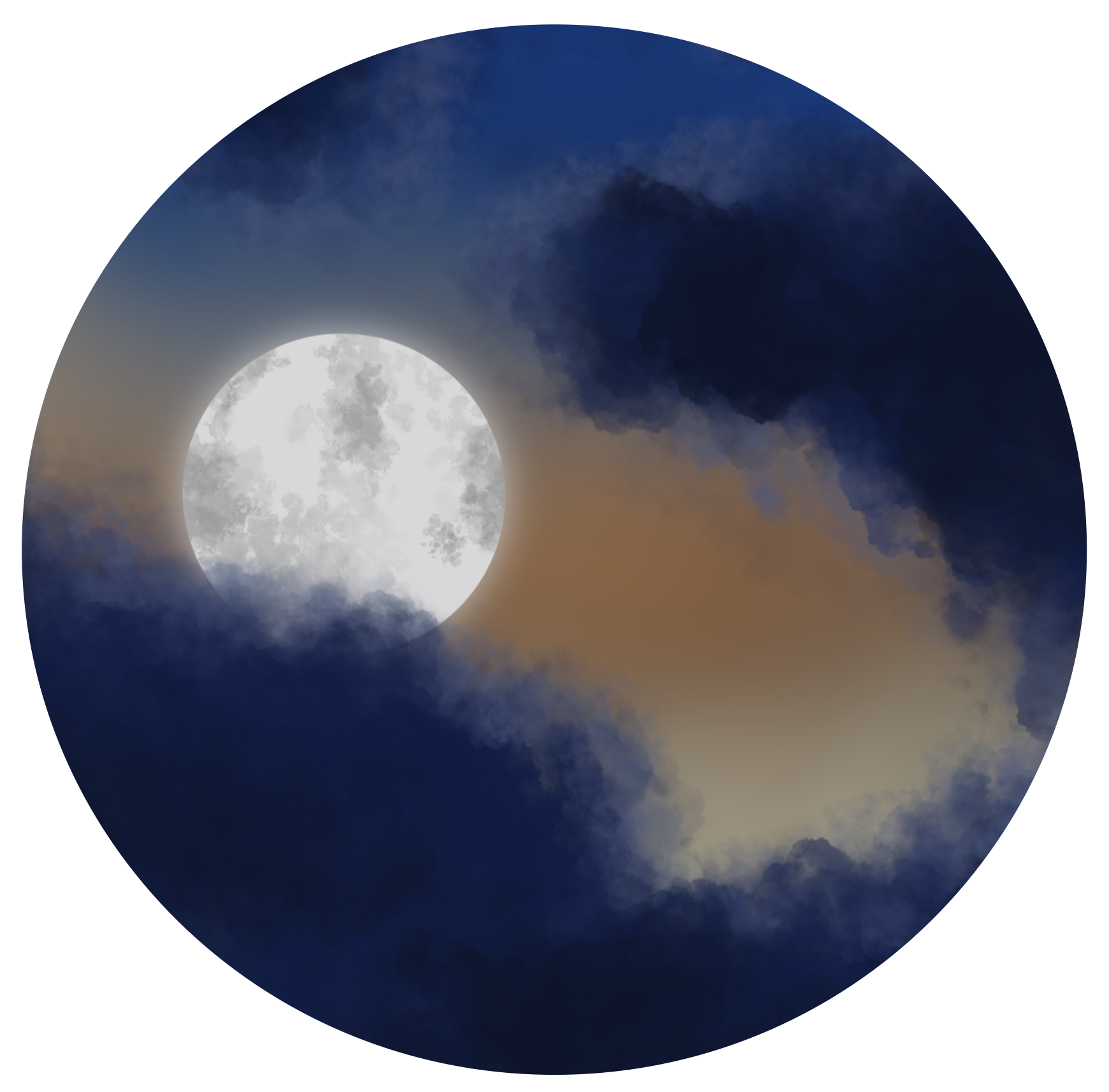 A round white moon set amongst dark clouds on a sunset background.