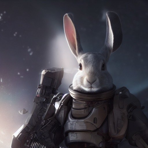 A white anthropomorphic rabbit in advanced battle armour