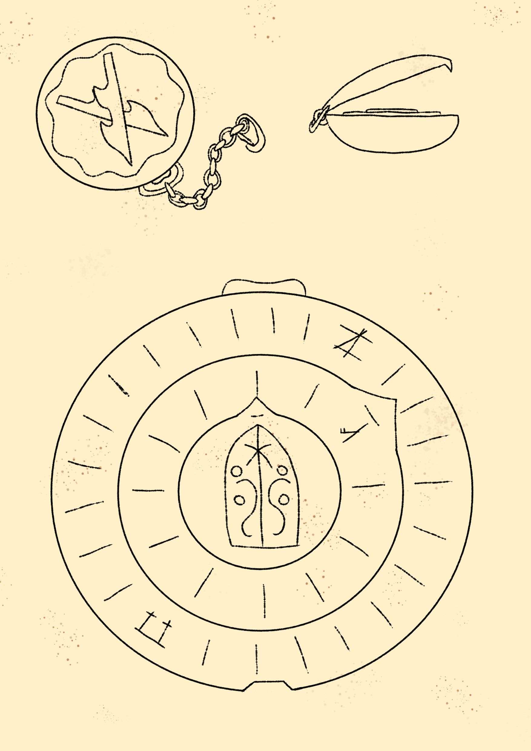 Ink sketches of the interior and exterior of a timekeeping device.