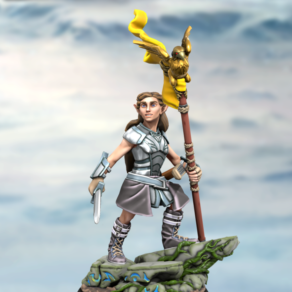A statue of an elven woman on a stone base, carrying a sword and a banner