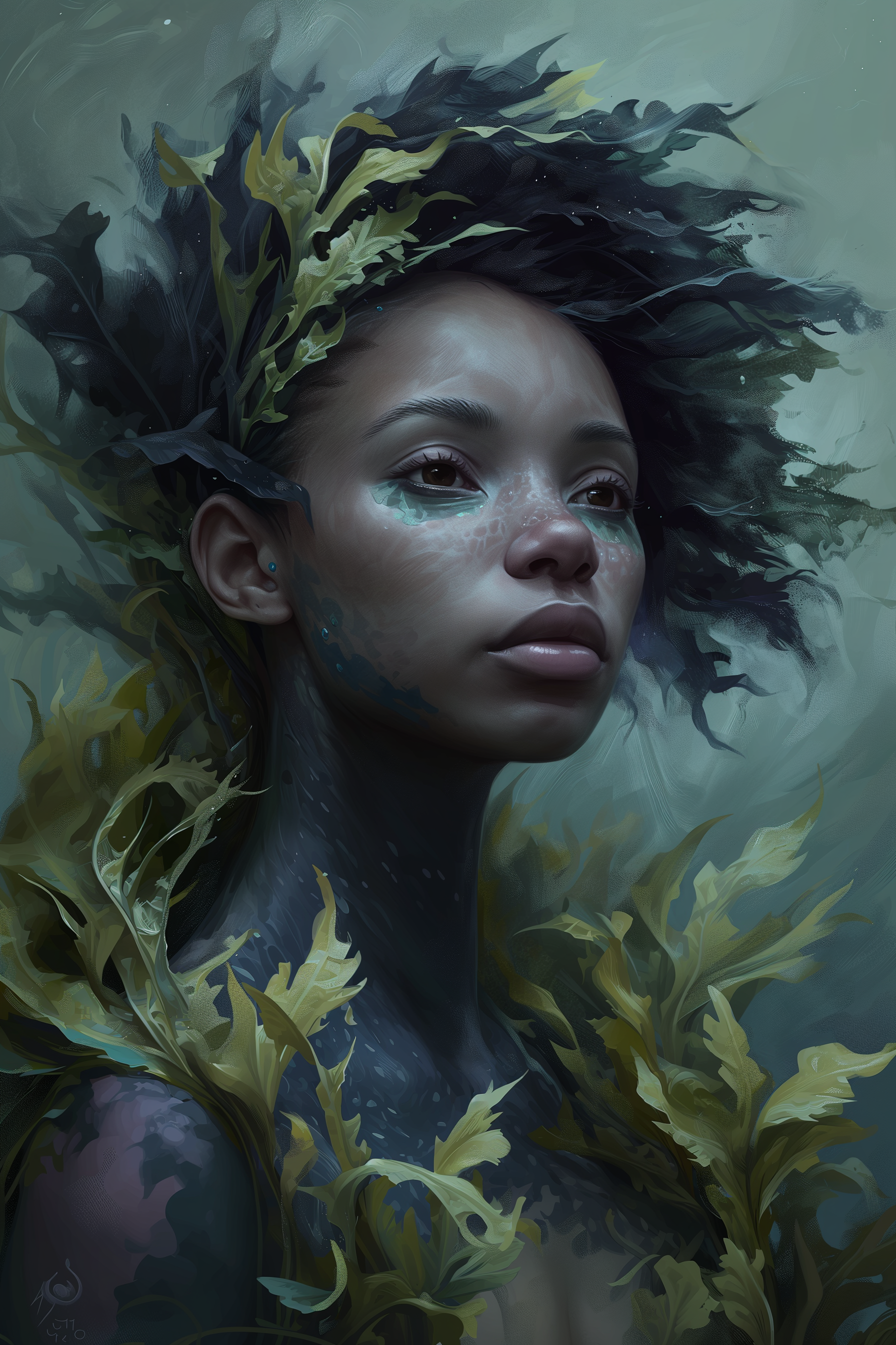 A female triton with dark skin and black and green hair that resembles seaweed.