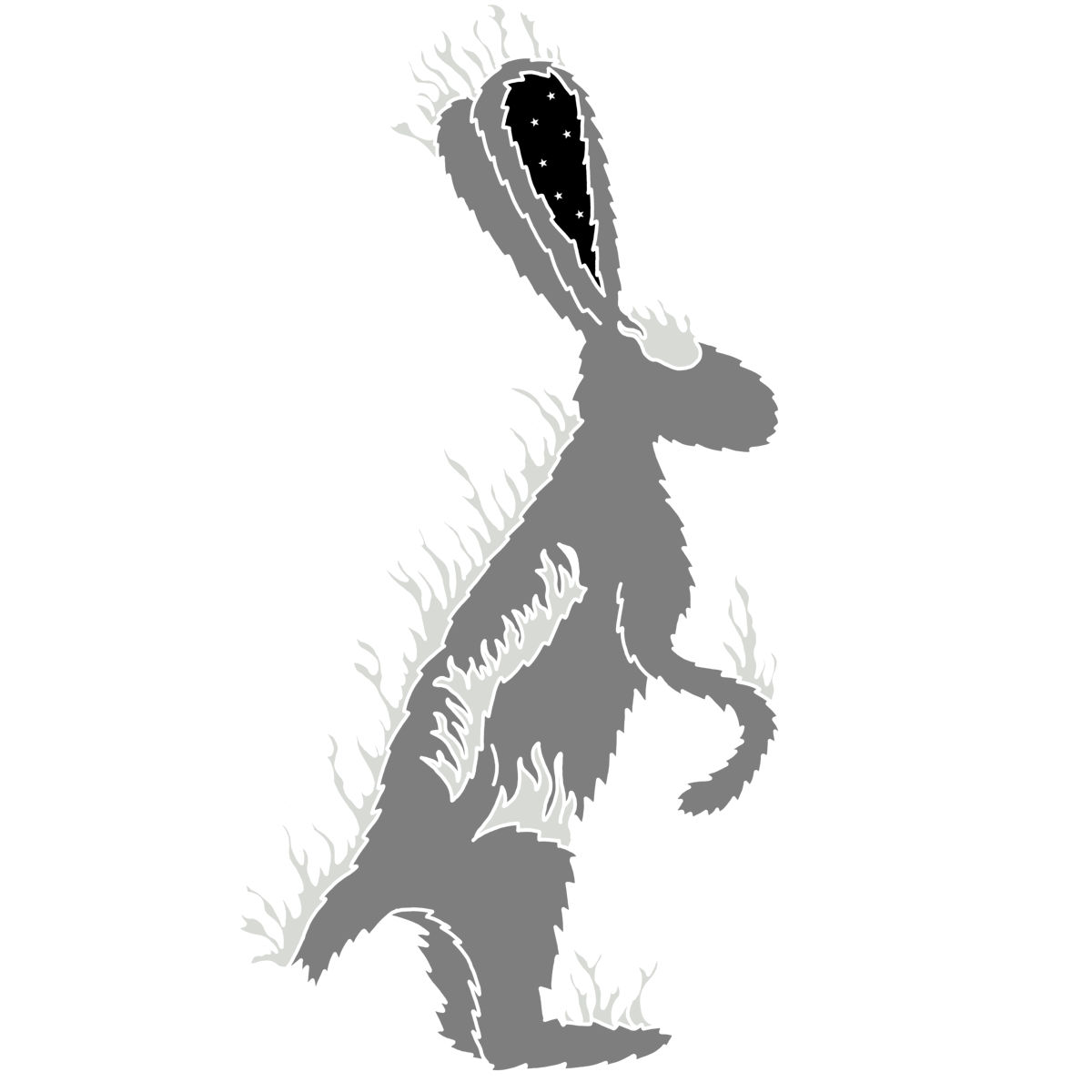 A greyscale rabbit with stars in its ears, on fire