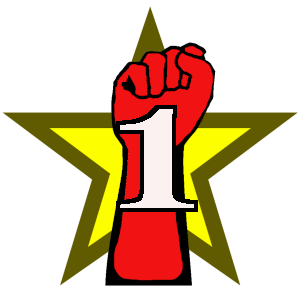 O'Neil 1 Symbol - raised red fist with a golden star background. The number 1 on top of it all.
