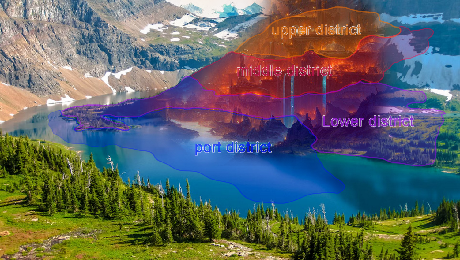 photoshopped image of a valley lake located in the mountains.