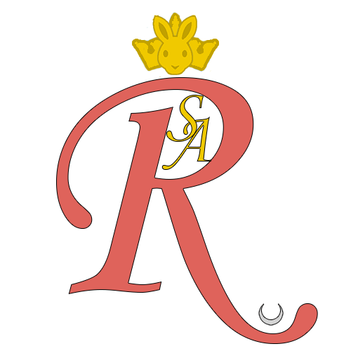 Royal Cypher of Queen Sable: A Lapin pink R with a silver horned crescent at the tail, surrounding a gold SA, surmounted by a bunny crown