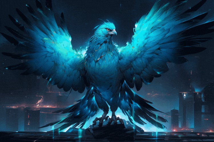 An enormous Domiornis flapping neon blue and teal wings while sitting on a cyberpunk roof, animation