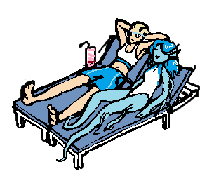 Eun and Blue lounging on sunchairs