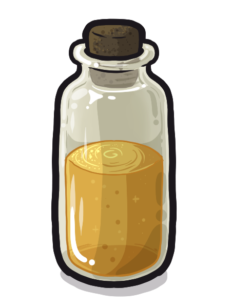 A small glass bottle filled with a sparkly golden liquid