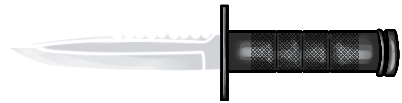Drawing of a knife with a metal handle, and a transparent hard light blade.