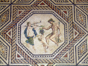 Dionysus mosaic (detail), A Maenad and a Satyr.