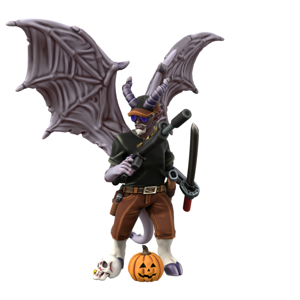 A demonic figure in a ball cap and sunglasses, with a rifle and a katana, and a skull and jack o'lantern at his feet