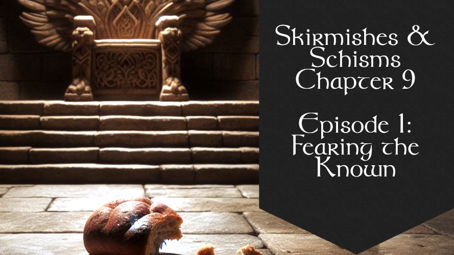 Header to accompany Chapter 9 Episode 1 of Skirmishes and Schisms.  It depicts a half-eaten bread roll on the floor at the foot of a stone Throne.