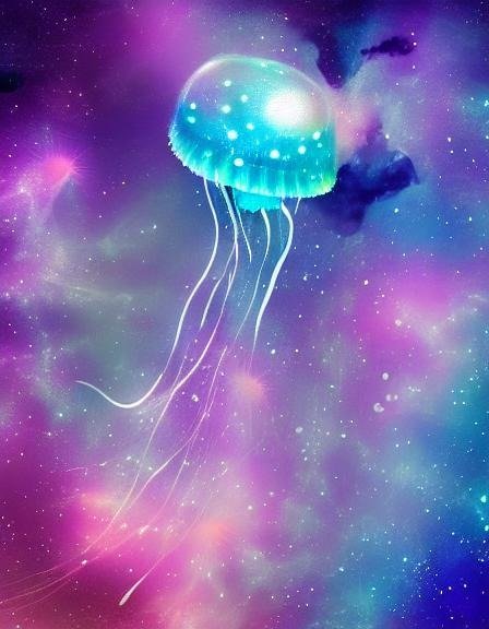 A star-jellyfish showing star-patterns of bioluminscence, swimming in a nebula