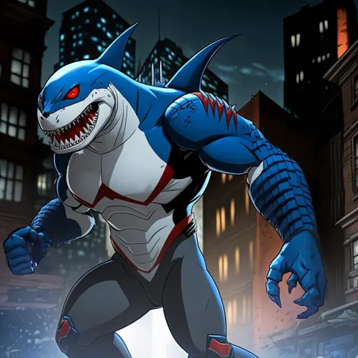 A shark man combination stands on a city street at night. His supersuit is skin-tight up to just below his pectoral muscles, where it leaves the top of him bare. His chest, the front of his neck, and his jaw are white. The rest of him is blue with red