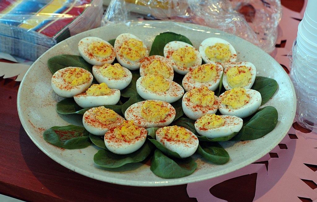 A beautiful plate of deviled eggs.