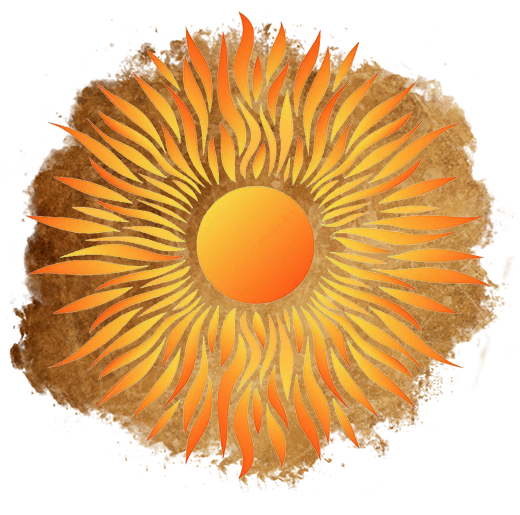 Illustration of a sun disc with flames radiating out from it on a parchment background