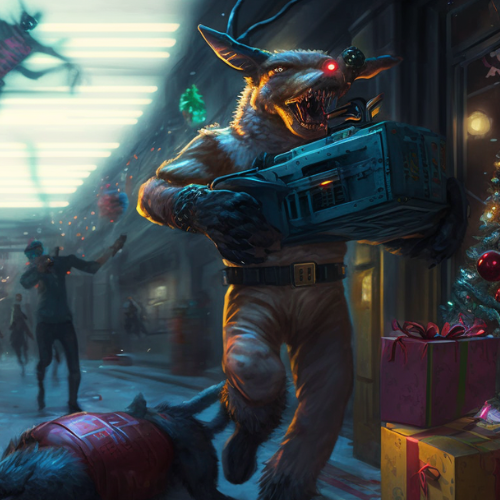 wolfKynd dressed as a reindeer and running with a huge Lootbox Eve gift