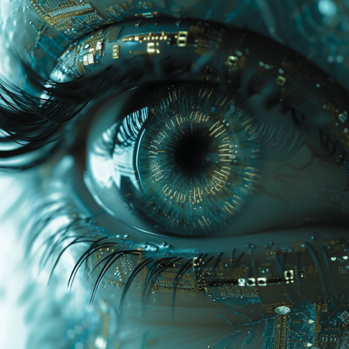 A close-up of an eye with a cybernetic implant