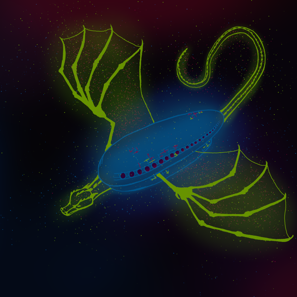 Glowing outline of a space ship with dragon's head, tail, and wings traveling through the stars.