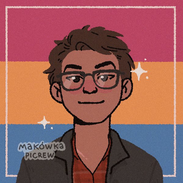 A picrew of a Japanese man in front of a pansexual flag. He has a square jaw, he is wearing square glasses. His hair is brown. He is wearing a jacket over a plaid shirt