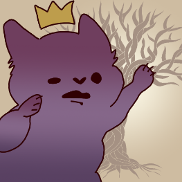 A very upset purple cat with a crown trying to point out a barren tree