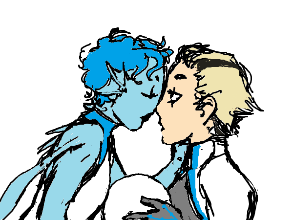 Illustration of Blue and Eun. Blue is leaning in close and touching its forehead to Eun. Eun's lips are slightly parted.