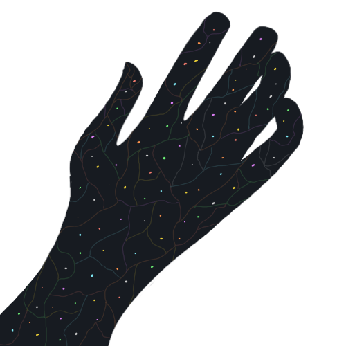 A black hand with coloured lines and dots.