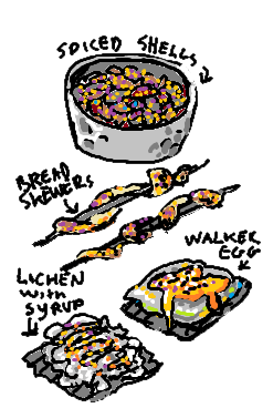 Illustration of carious snacks served at the Oasis. Sweet-spiced shells, bread skewers roasted over open flame, Walker egg with a generous helping of yolk, and syrup-drizzled lichen.