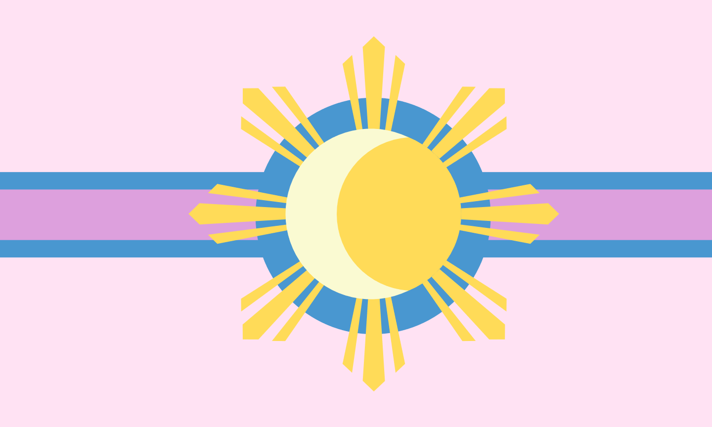A light pink flag with a dark pink stripe running horizontally in the center. The stripe is bordered on the top and bottom by a blue line. Centered in the flag is a blue circle with a stylized golden sun, which contains the 