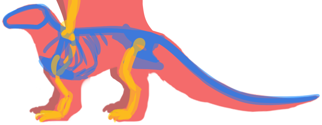 Silhoutte-style dragon of a generic dragon with its wings cut off. Laid overtop are rough shapes indicating its skeletal structure, with little detail.