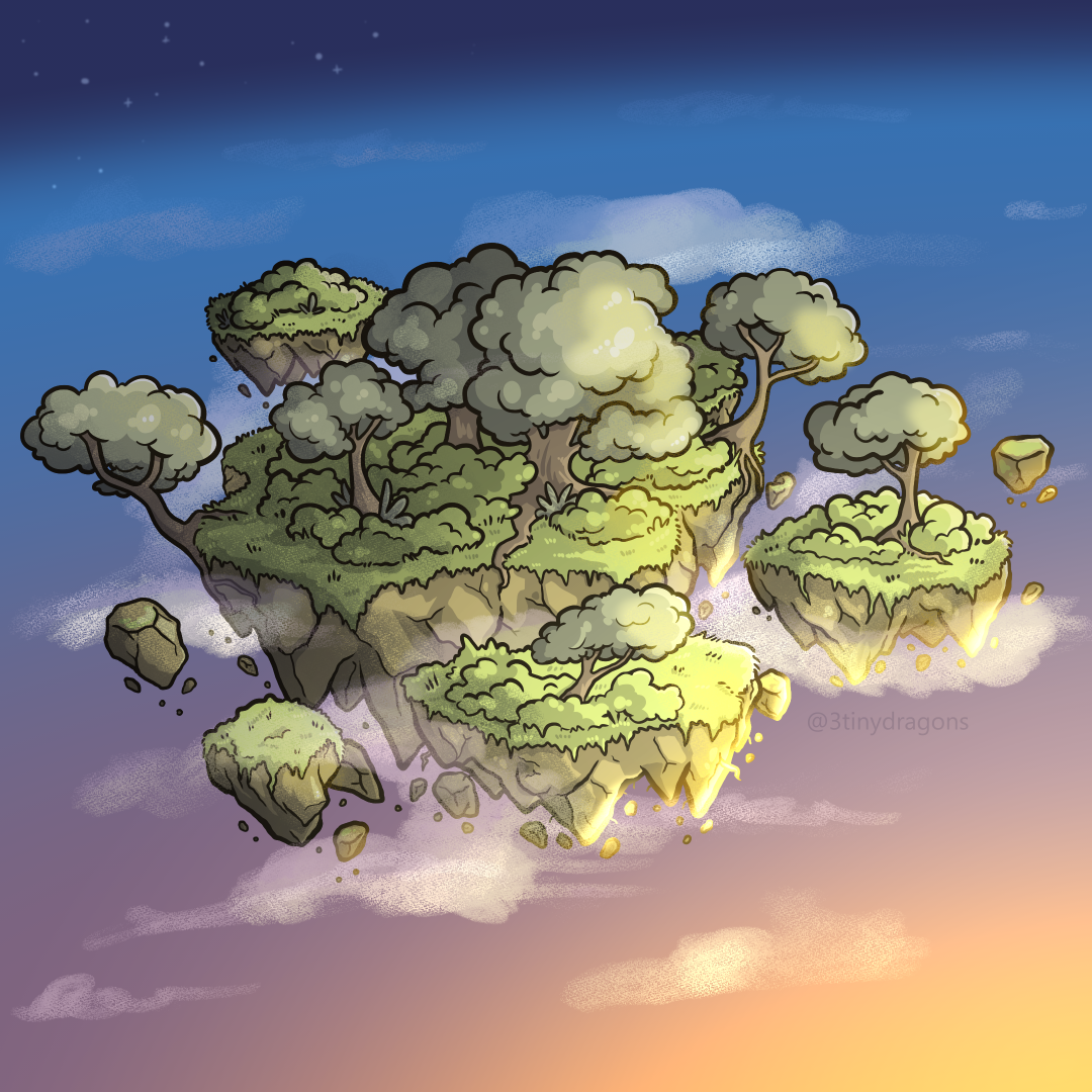 A cluster of floating islands covered with trees drifts in the sky as a beautiful yellow-orange sunset lights it from below.