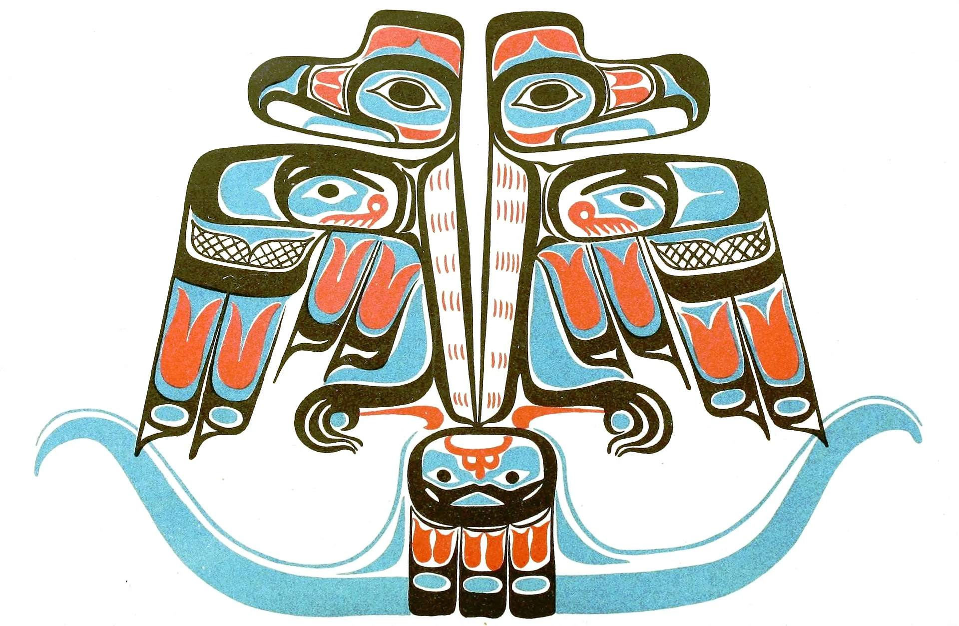 The digitized image of a double headed thunderbird drawn in an artistic style by Haida peoples.